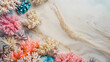 beautiful arrangements and piles of colorful coral on aesthetic beach sand with copy space