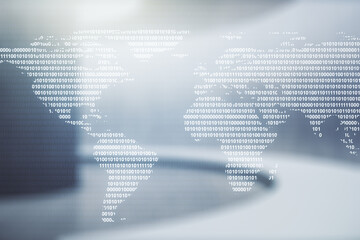 Aufkleber - Abstract creative digital world map on modern interior background, globalization concept. Multiexposure