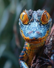 Wall Mural - Colorful macro illustration of a small crocodile-like reptile with striking bright eyes perched on a piece of wood. There is space for entering text. It can attract the attention of readers very well.