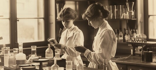 Vintage laboratory scene. Sepia-toned image of two young female scientists examining test tubes and lab equipment, reflecting an early 20th-century scientific study atmosphere.