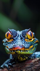 Wall Mural - Colorful macro illustration of a small crocodile-like reptile with striking bright eyes perched on a piece of wood. There is space for entering text. It can attract the attention of readers very well.