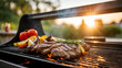 Freshly Grilled Meat and Vegetables on an Outdoor BBQ at Sunset