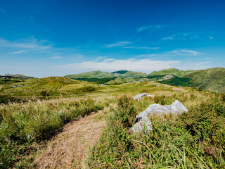 Wall Mural - Fresh landscape of green mountain and large white rocks in the blue sky, Hiraodai Plateau in Fukuoka in Japan, Outdoor or hiking, Nobody, High resolution over 50MP	