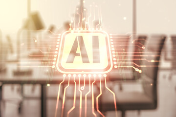 Poster - Creative artificial Intelligence symbol hologram on a modern furnished classroom background. Double exposure