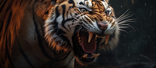 Poster - A close up of a Bengal tiger, a carnivorous terrestrial animal from the Felidae family. Its mouth is open, showing its fangs as it emits a powerful roar