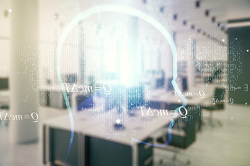 Aufkleber - Abstract virtual artificial Intelligence interface with human head hologram on a modern furnished office background. Multiexposure
