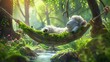 A tranquil scene of a sheep lying on a hammock, enjoying music in a lush wonderland, epitome of relaxation