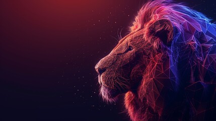 Wall Mural - A wireframe illustration of a lion's head with gold accents. A polygonal modern image of a lion in RGB color. Concept of nature and animals.