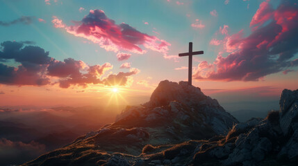 Wall Mural - holy saturday cross on top of mountain with evening sky background