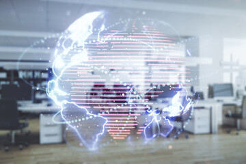 Aufkleber - Double exposure of abstract digital world map hologram with connections on a modern furnished office interior background, big data and blockchain concept