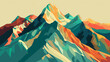 A geometric, stylized illustration of mountain peaks in a range of warm and cool hues evoking a sense of adventure and natural beauty