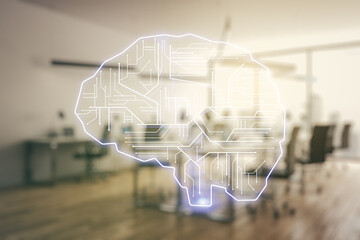 Poster - Double exposure of creative human brain microcircuit hologram on a modern furnished office interior background. Future technology and AI concept