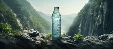 A Bottle Of Water Rests On A Rock Amidst The Breathtaking Natural Landscape Of The Mountain, Surrounded By Plants And Clouds In The Sky