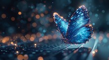 Abstract Polygonal Butterfly Flying Out Of A Laptop's Display. Blue Low Poly Wireframe Modern Illustration. Faster Internet Connection Concept. Polygons, Particles, And Connected Dots.