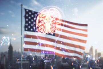 Poster - Double exposure of abstract virtual creative light bulb hologram with human brain on USA flag and blurry cityscape background, idea and brainstorming concept