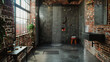 An industrial-chic bathroom with exposed brick walls, concrete flooring, and a walk-in shower with black subway tile walls and a rain showerhead