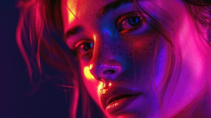 Wall Mural - Neon Glow Portrait of Woman, vibrant portrait of a woman bathed in neon light, with a focus on her intense gaze. The image captures the interplay of light and shadow on her face