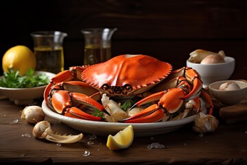 a crab on a plate with ingredients on a table