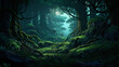 Forest hideaway escaping digital noise low angle lush green twilight ,  super realistic