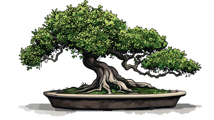 bonsai tree vector art clip art, in the style of cartoon watercolor, white background, hyper-detailed. Generative Ai