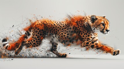 Wall Mural - In motion low poly cheetah. Moving modern mesh spheres. Guepard jumping polygonal thin line.