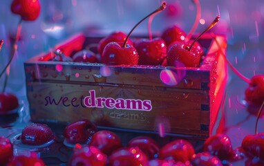 Wall Mural - Cherries of Sweet Dreams, Luscious red cherries glisten in a wooden box under a shower of light, creating a dreamy and appetizing display