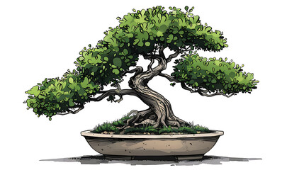 Wall Mural - bonsai tree vector art clip art, in the style of cartoon watercolor, white background, hyper-detailed. Generative Ai