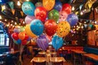 © pisan - Colorful Party Balloons in Festive Restaurant Interior with Warm Lighting and Rustic Decor