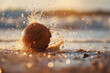 A detailed image of a coconut falling towards a sandy beach, water droplets flying off it