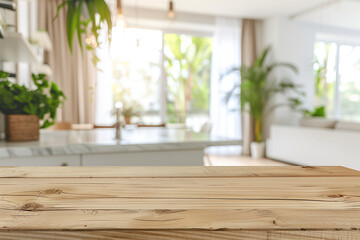  Empty wooden table top with blurred living room and kitchen interior background for product display presentation mockup in modern home setting. Mock up template of design layout.