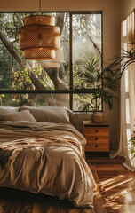 Wall Mural - A bedroom with large windows, wooden floors and soft lighting from the sun streaming through the trees outside. The room is cozy and inviting, featuring natural materials like wood and linen.