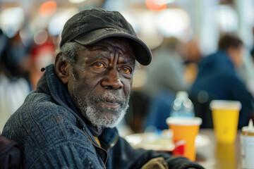 Wall Mural - Positive black homeless man sits at a table in a bustling shelter dining hall, surrounded by other individuals. A man smiling at the camera. He is sitting at a table with other people and there.