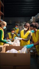 Wall Mural - The team of volunteers in masks, yellow uniforms and gloves sorting, packing food in cardboard boxes indoors. The concept of Charity, Donation, Distribution of free Food to the homeless and the poor.