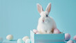 Charming Easter Bunny Sitting in a Polka-Dotted Gift Box Surrounded by Pastel Eggs, Perfect for a Holiday Celebration Greeting Card Isolated on a Soft Blue Background