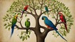 birds on a branch, 
In this creative and imaginative rendering, envision a parrot family tree that transcends the ordinary to capture the essence of diversity and interconnectedness among different pa