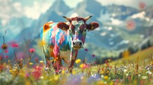 Psychedelic Colorful Cow On Floral Spring Meadows With Mountains In The Background.
Psychedelic Colorful Cow On Floral Spring Meadows With Mountains In The Background.
