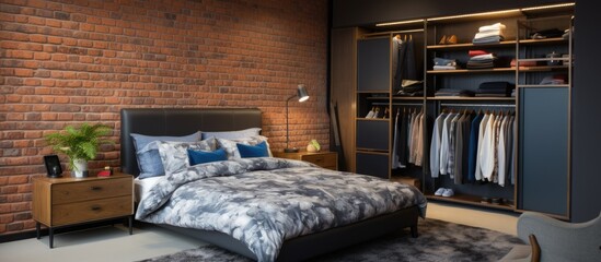 Poster - A cozy bedroom in a building featuring a comfortable bed, nightstand, and closet. The brick wall adds character to the hardwood flooring and furniture