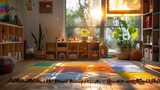 Fototapeta Do akwarium - Creative space for children with vibrant rug and interactive play area