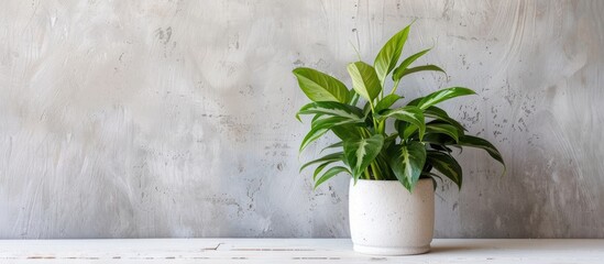 Wall Mural - A houseplant sits in a flowerpot on a white table near a window in a building. The terrestrial plant adds a touch of nature to the room