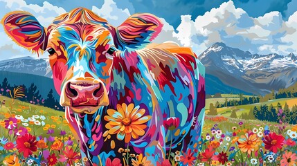 Wall Mural - Psychedelic colorful cow on floral spring meadows with mountains in the background.
Psychedelic colorful cow on floral spring meadows with mountains in the background.
