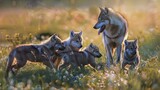 Fototapeta Kwiaty - Scenes of adorable wolf pups playfully tumbling and frolicking together in a sunlit meadow, under the watchful eye of their mother. 