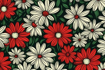 Wall Mural - Daisy pattern, hand draw, simple line, green and red