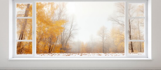 Wall Mural - A rectangular glass window frames a natural landscape with tints and shades of autumn forest. The sky is clear, and a road meanders through the grass and wood