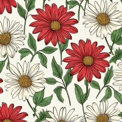 Wall Mural - Daisy pattern, hand draw, simple line, green and red