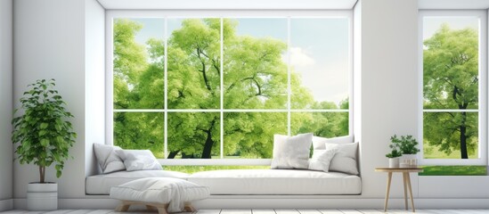 Wall Mural - A cozy living room in a house with a large window showcasing a view of the outdoors. A comfortable couch is positioned in front of the window