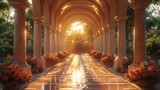 Fototapeta  - Colonnaded Pathway to Sunset Garden