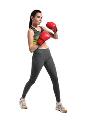 Poster - Beautiful woman in boxing gloves training on white background