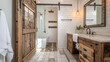 A modern farmhouse bathroom with white subway tile walls, a reclaimed wood vanity, and a walk-in shower with a sliding glass door