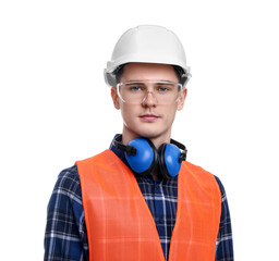 Wall Mural - Young man wearing safety equipment on white background