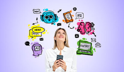 Aufkleber - Happy woman with phone and AI chat bot